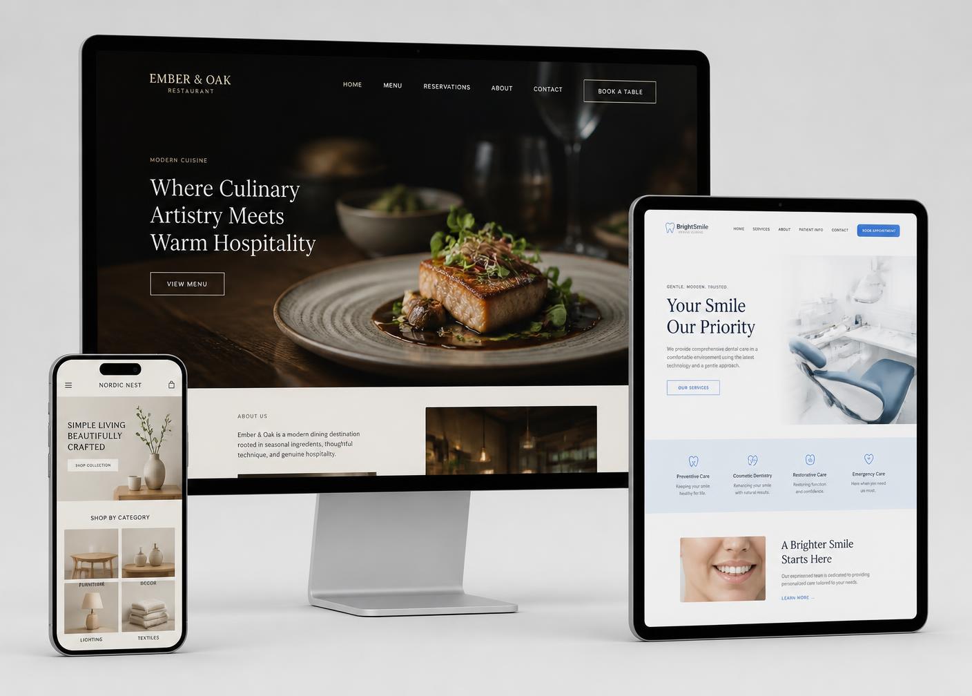 Mockup-uri de website-uri realizate de D3 STUDIO, pe desktop, tabletă și telefon